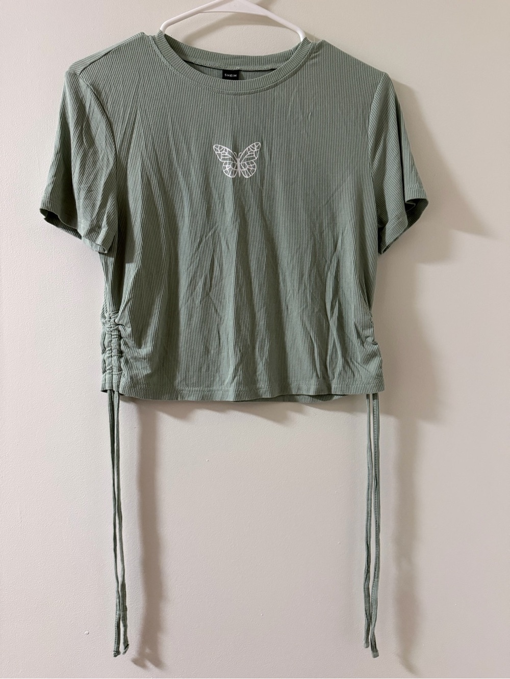 SHEIN Sage Green Ribbed Butterfly Side-Tie Crop Top